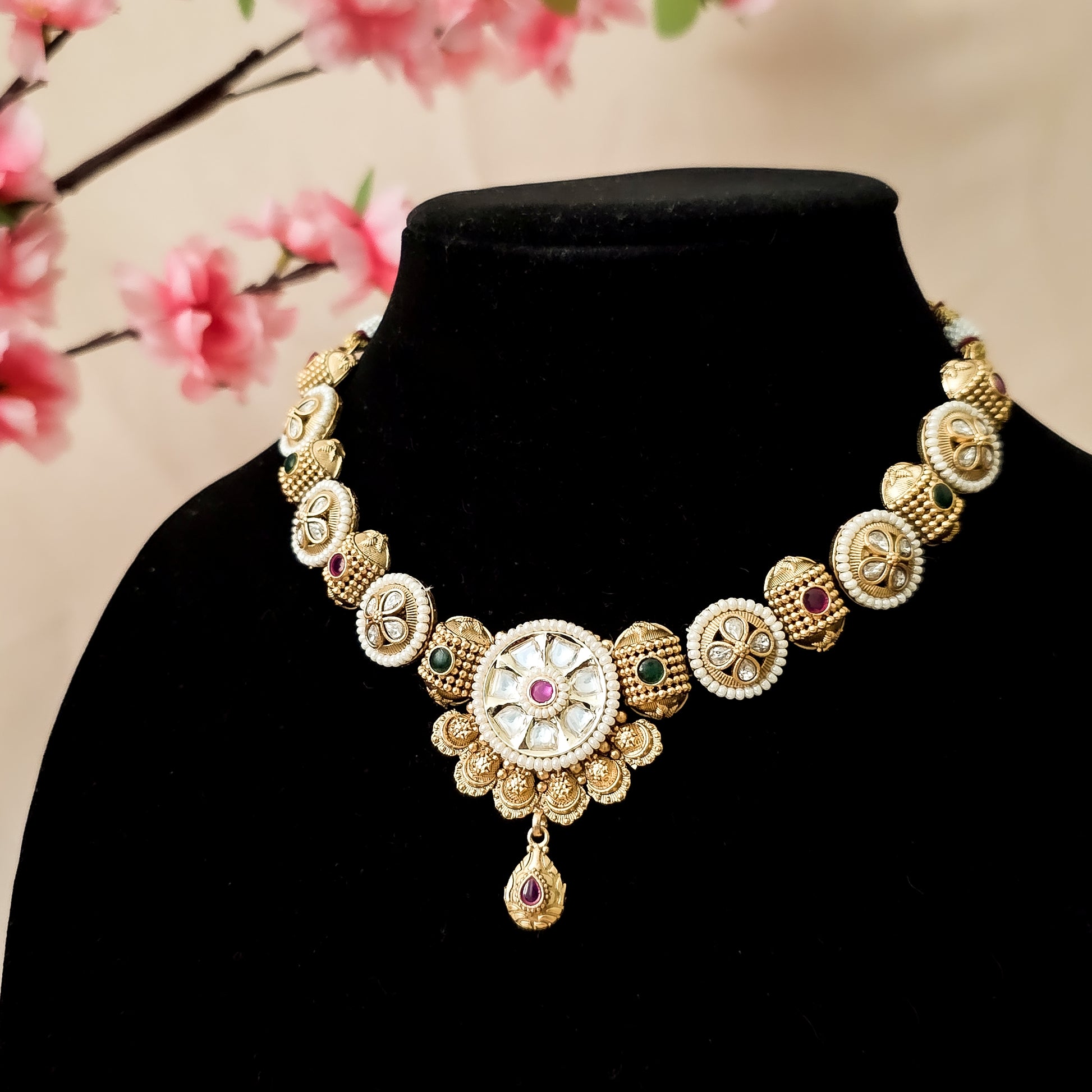 RANEGO0075 - Gold Plated Rajwadi Necklace Set with Kundan