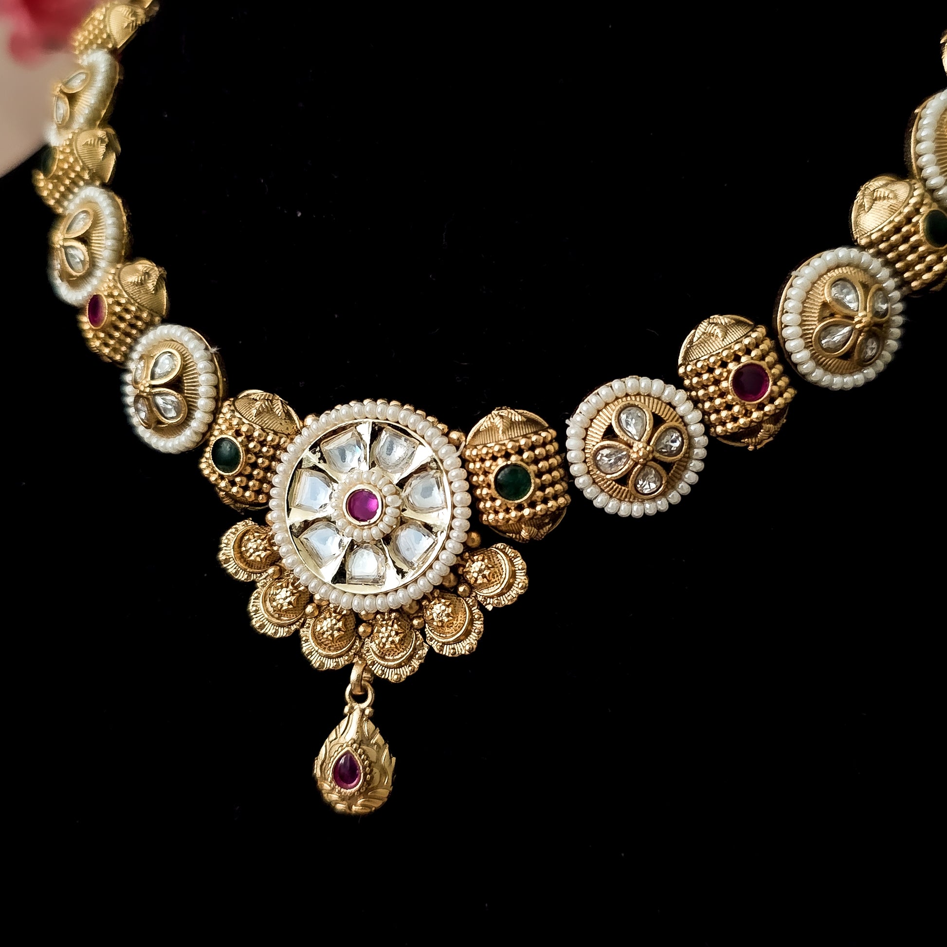 RANEGO0075 - Gold Plated Rajwadi Necklace Set with Kundan
