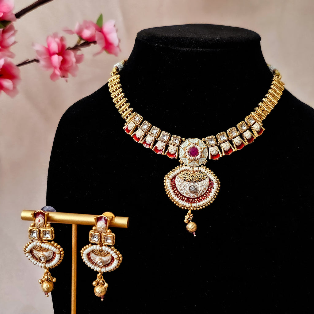 RANEGR0071 - Gold Plated Rajwadi Necklace Set with Enamel