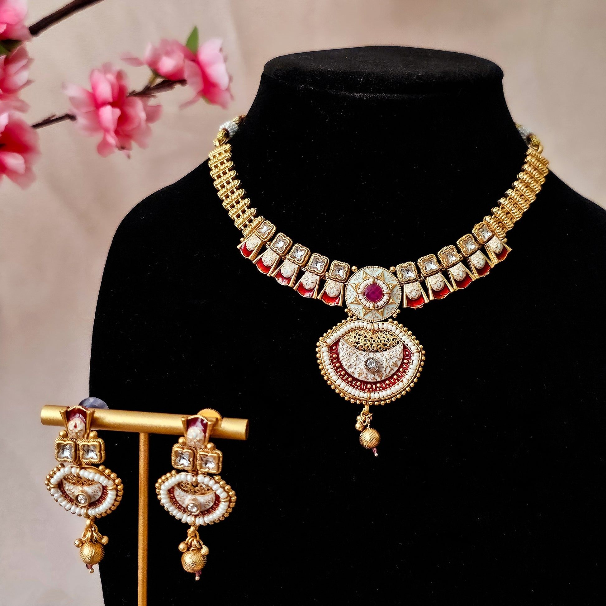RANEGR0071 - Gold Plated Rajwadi Necklace Set with Enamel