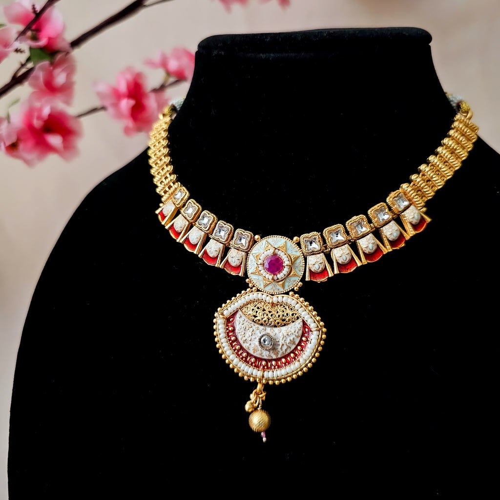 RANEGR0071 - Gold Plated Rajwadi Necklace Set with Enamel