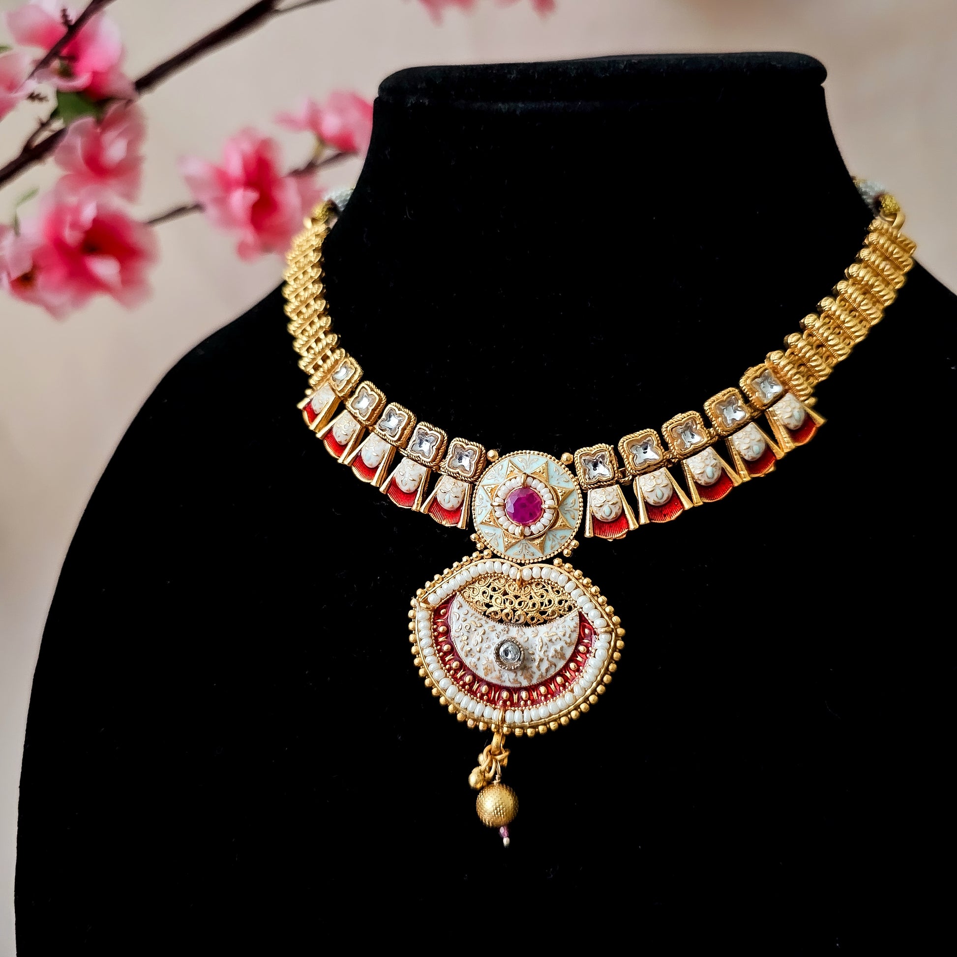 RANEGR0071 - Gold Plated Rajwadi Necklace Set with Enamel