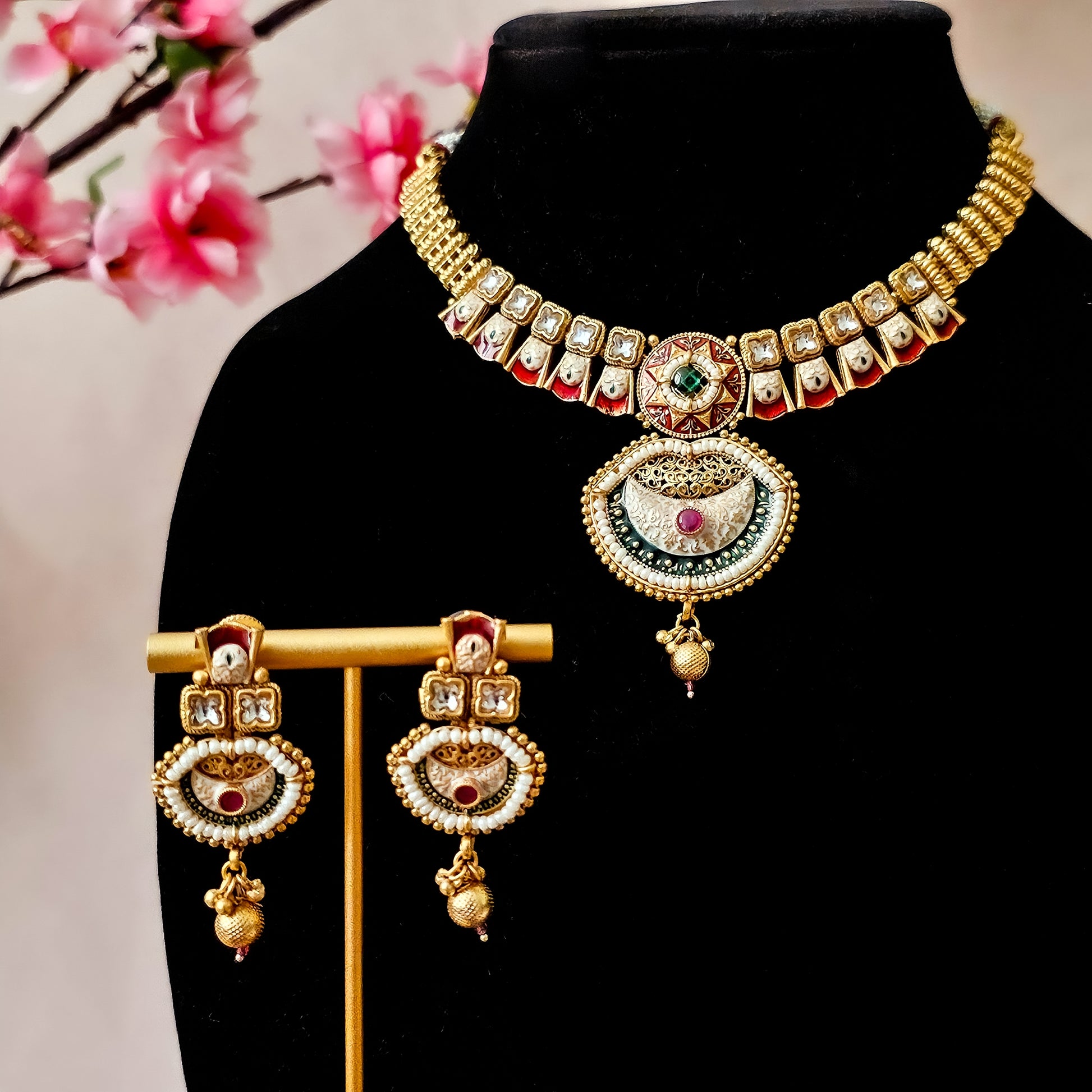 RANEGR0071 - Gold Plated Rajwadi Necklace Set with Enamel