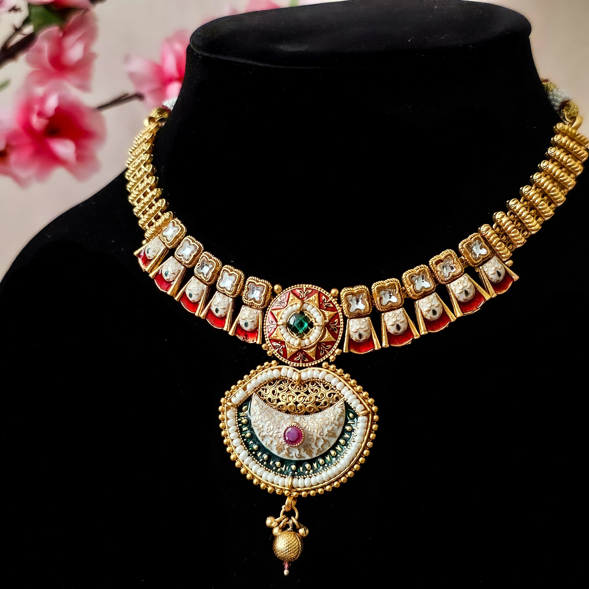 RANEGR0071 - Gold Plated Rajwadi Necklace Set with Enamel