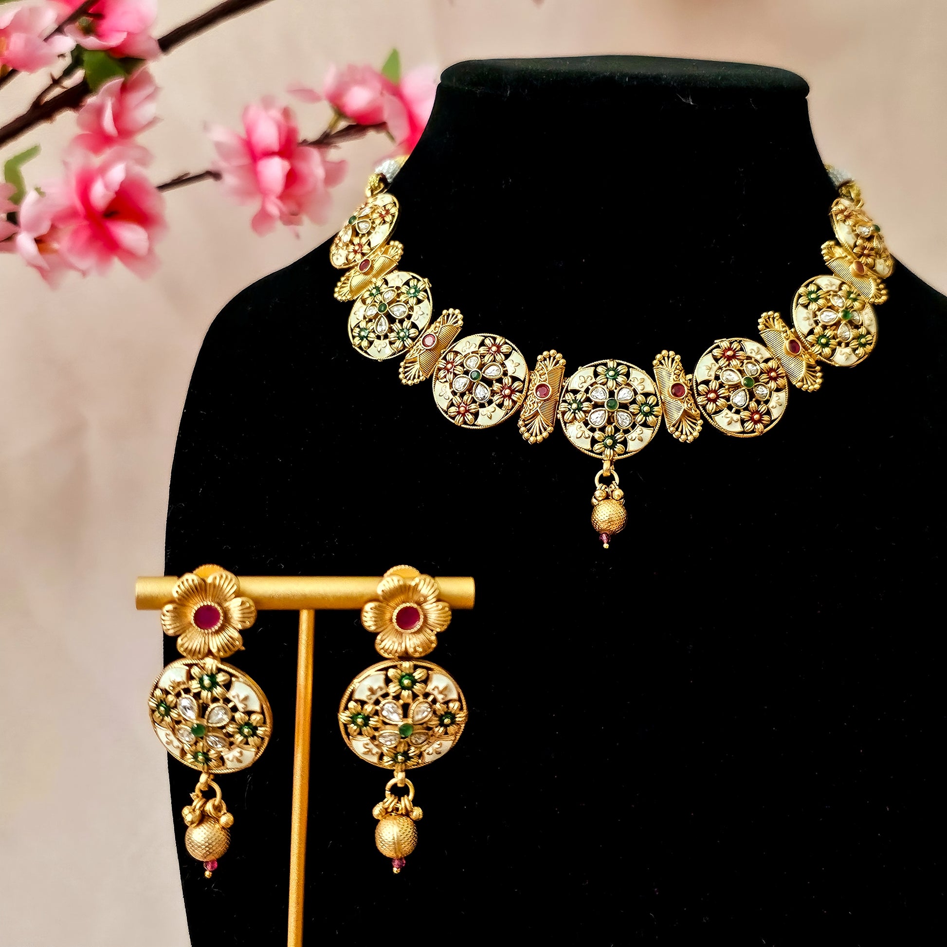 RANEGR0066 - Gold Plated Rajwadi Necklace Set with Enamel