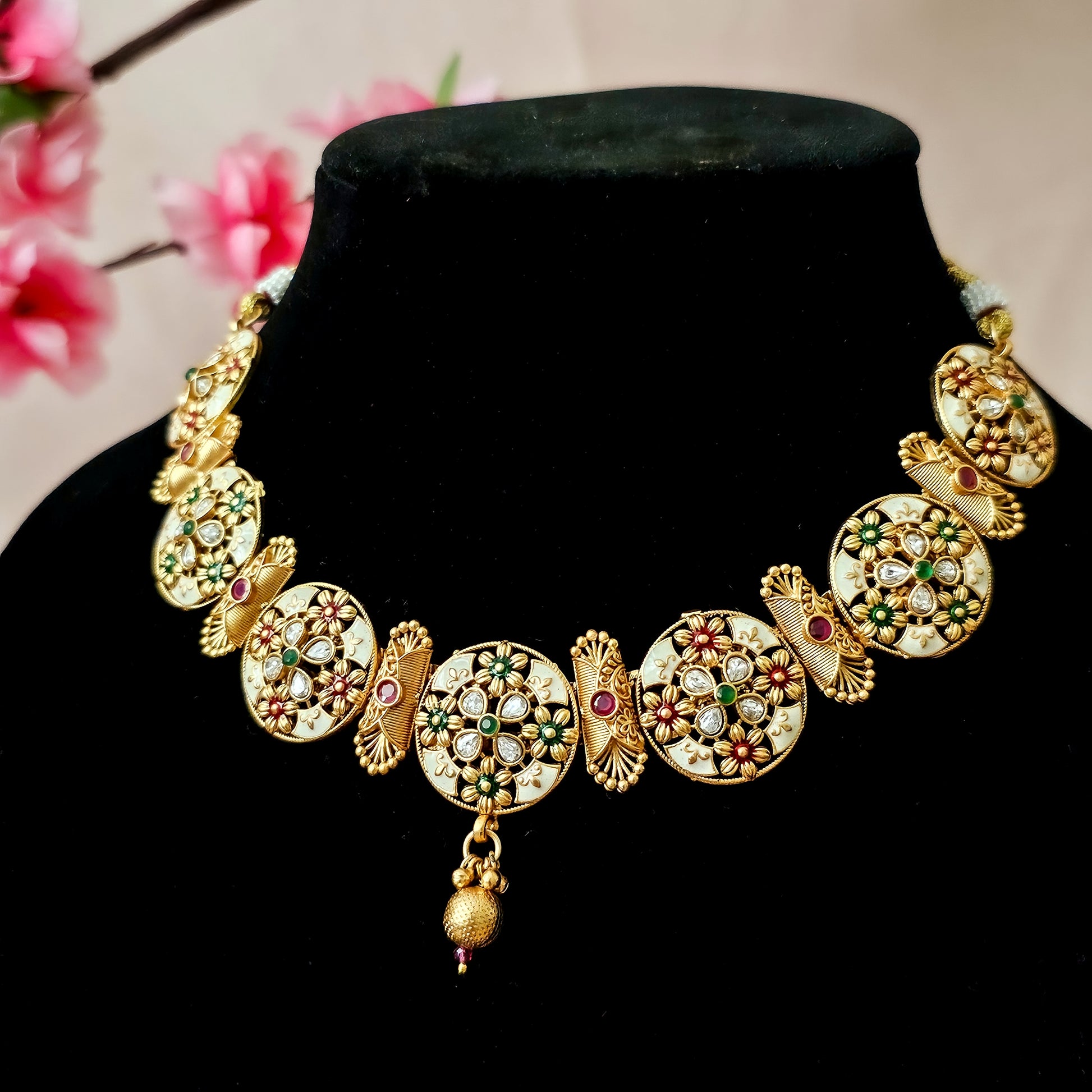 RANEGR0066 - Gold Plated Rajwadi Necklace Set with Enamel