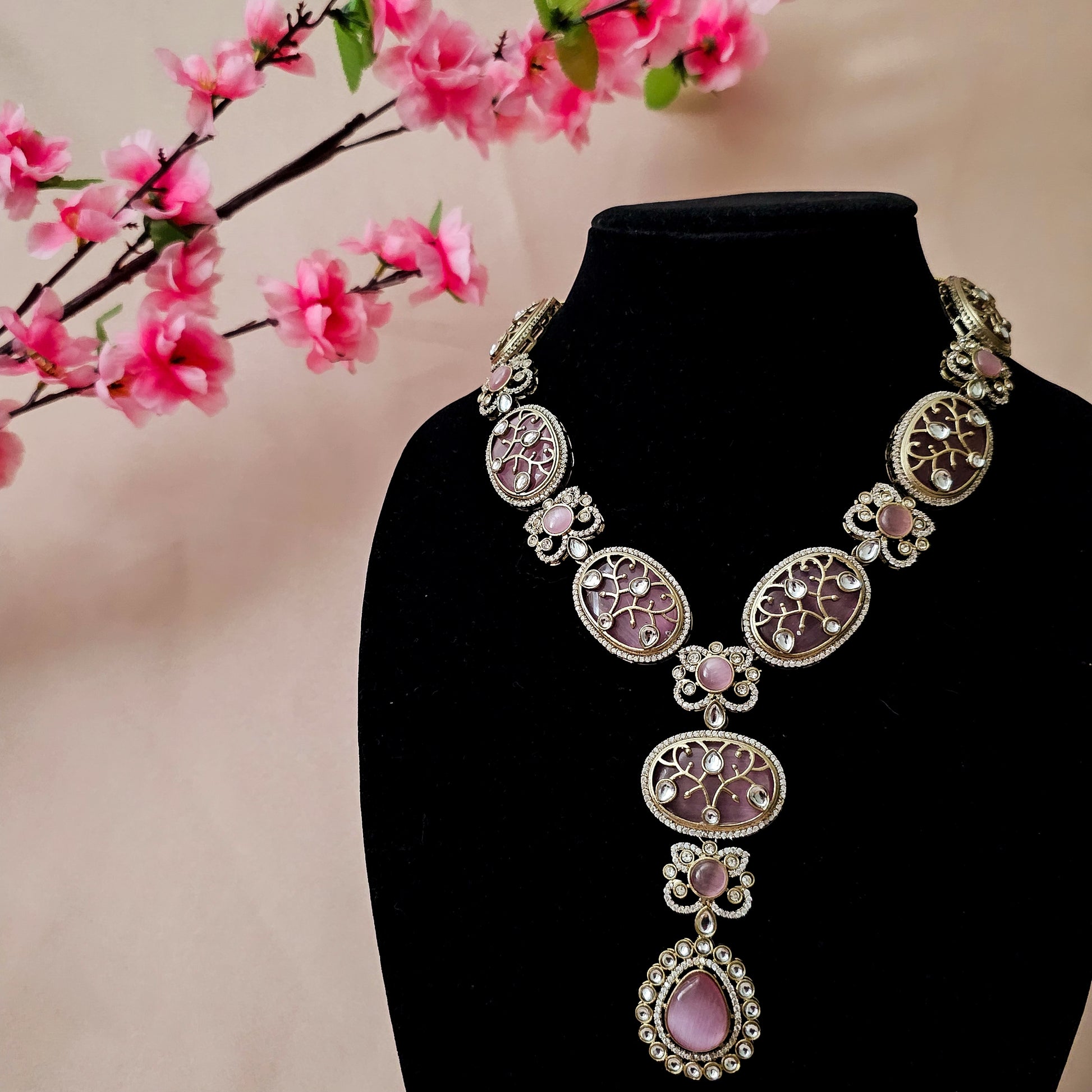 KUNESB0142 - Antique Gold Long Necklace Set with Kundan