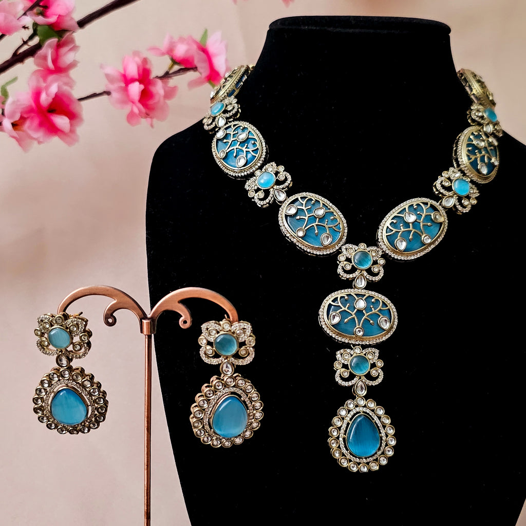 KUNESB0142 - Antique Gold Long Necklace Set with Kundan