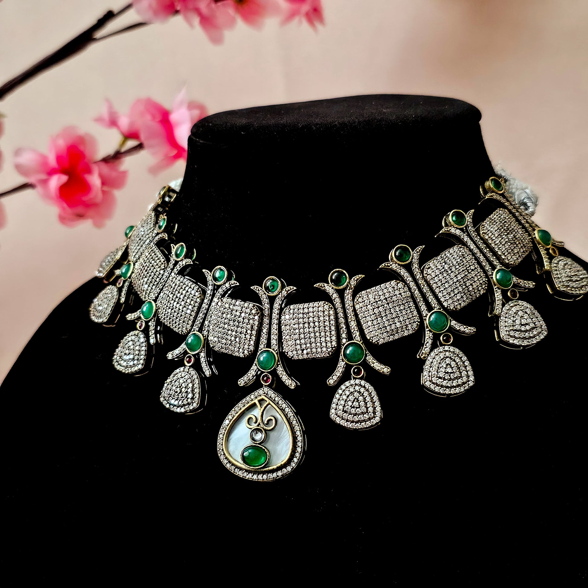 MONEGR0142 - Antique Gold Plated Moissanite Necklace Set