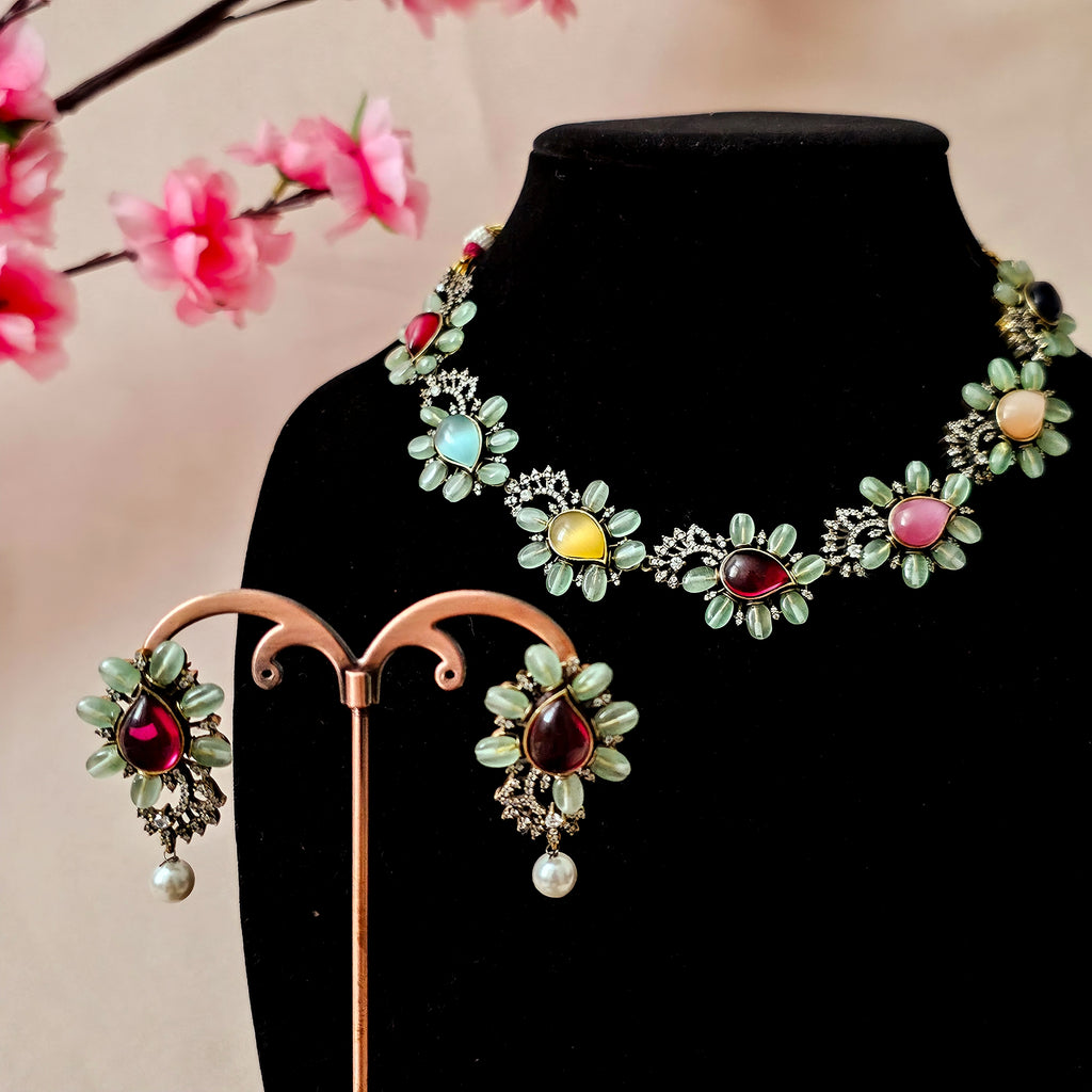 MNNEMC0159 - Antique Polish Mossanite Necklace Set with Pota Stones