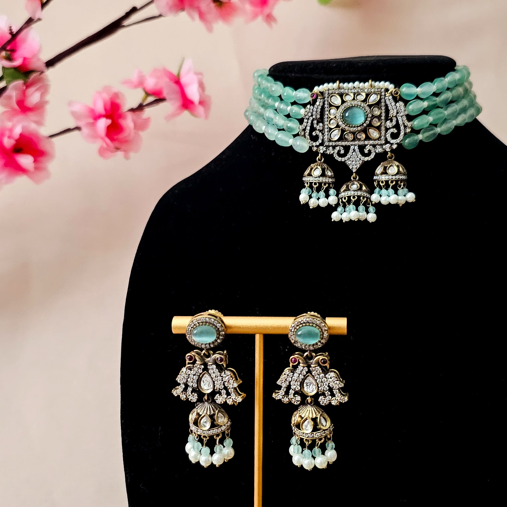 MOCHMI0133 - Antique Polish Moissanite Peacock Choker Set