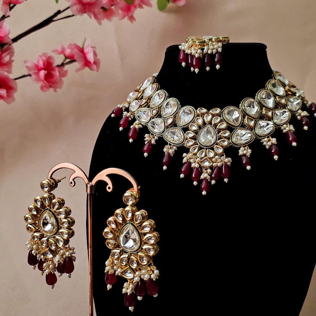 KUNEMA0157 - Gold Plated Kundan Necklace Set