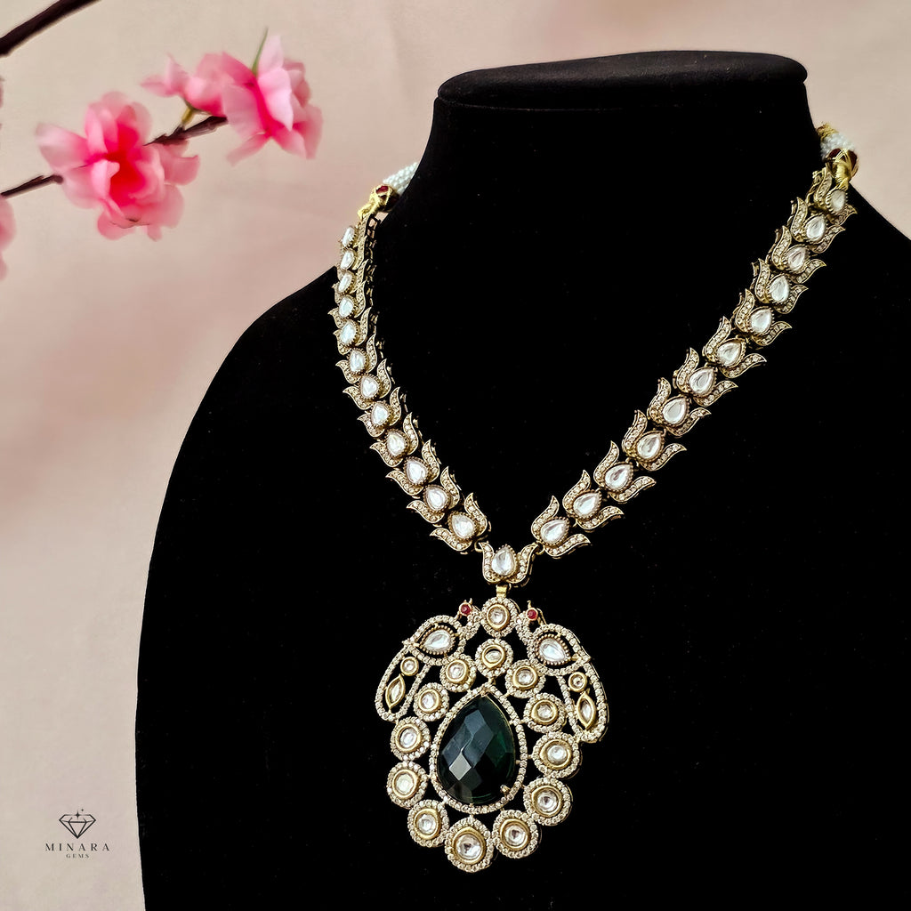 MONEGR0148 - Antique Gold Plated Long Moissanite Necklace Set image 0