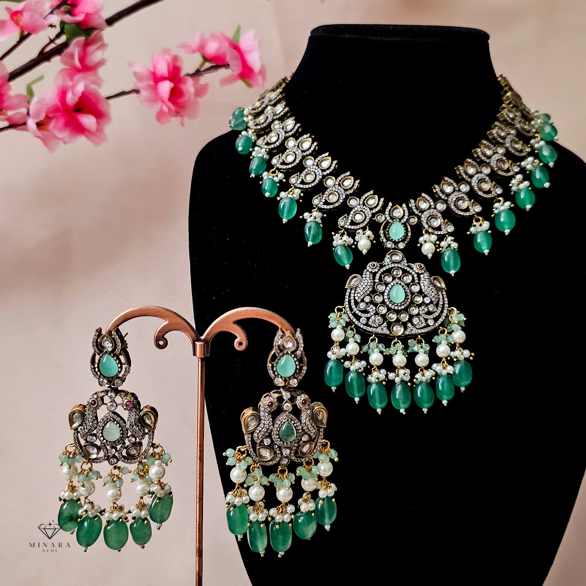 MONEGR0160 - Antique Polish Moissanite Necklace Set with Kundan image 1