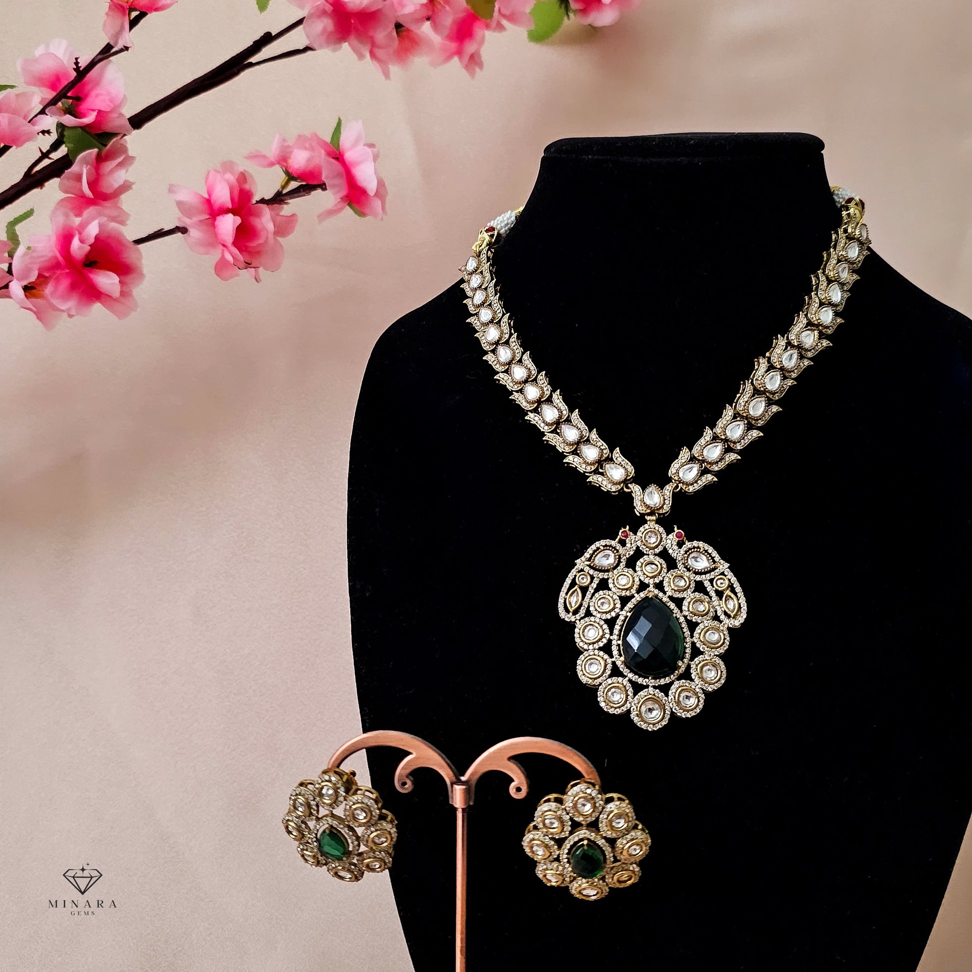 MONEGR0148 - Antique Gold Plated Long Moissanite Necklace Set image 1