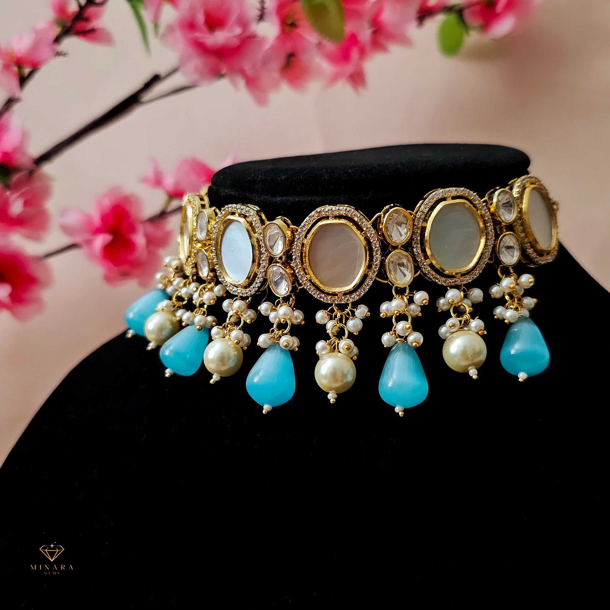 PENESB0138 - Gold-Plated Moissanite Choker Set with Mother of Pearl image 1