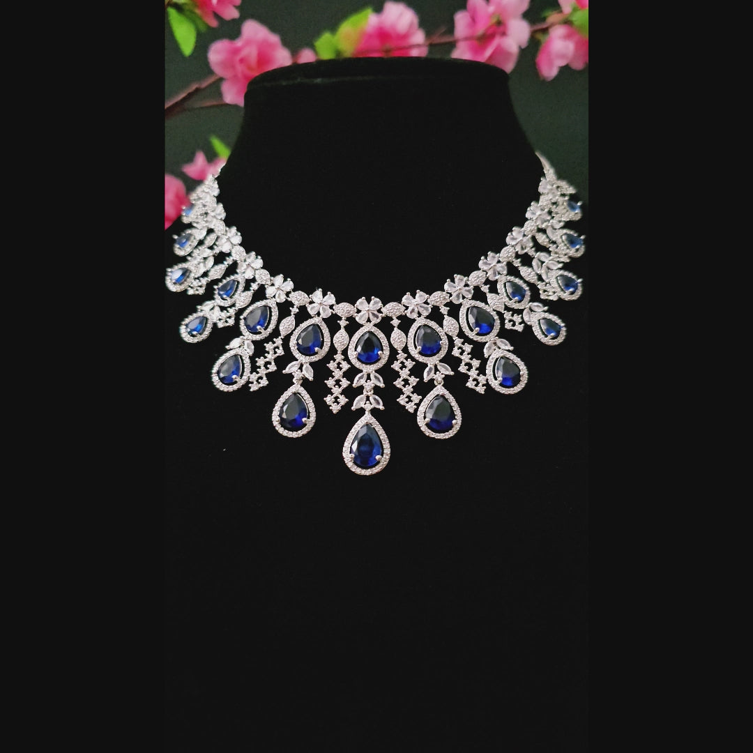 ADNEBL0007 - Royal Blue Silver Plated Faux American Diamond Necklace Set