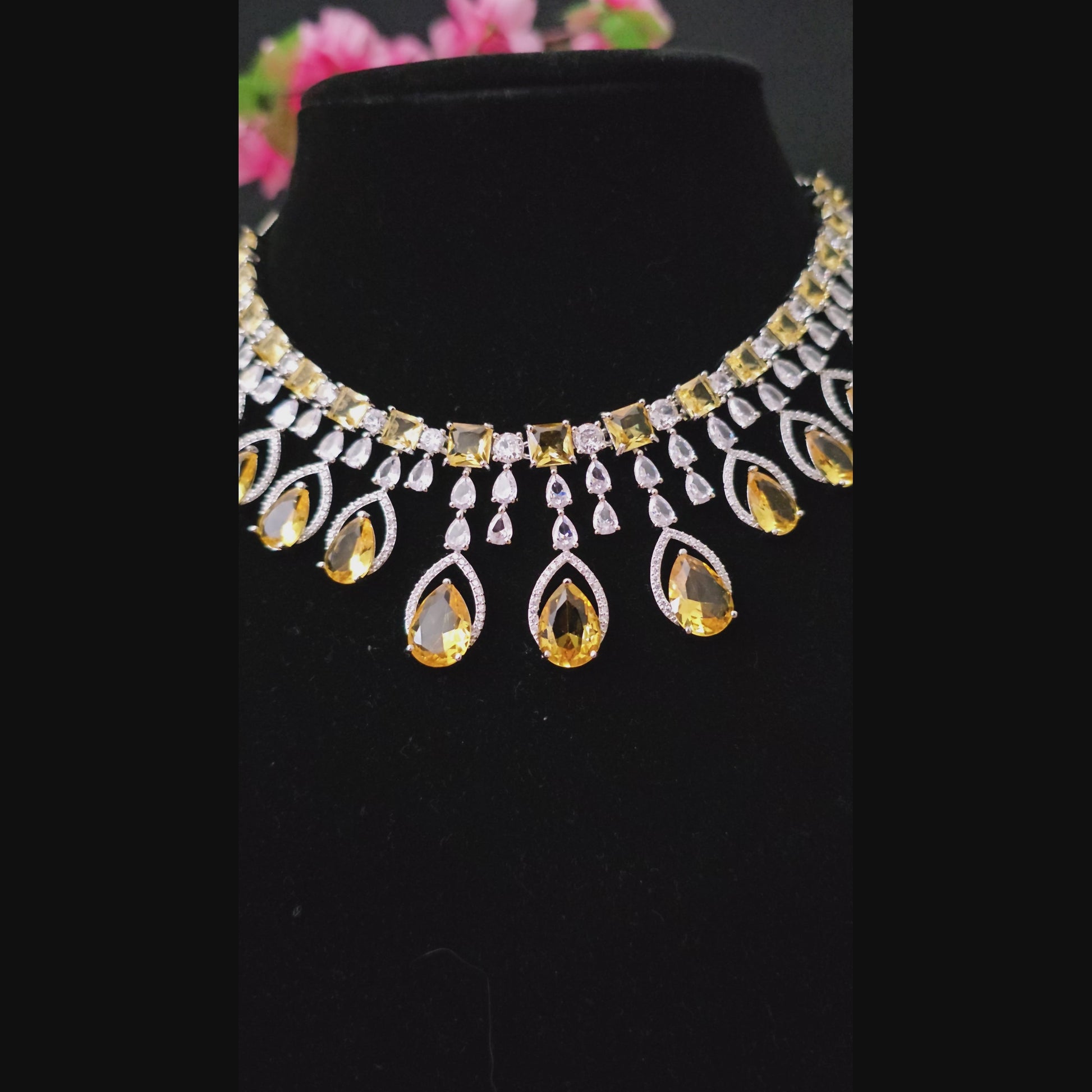 ADNEYE0025 - Yellow Color Silver Plated Faux American Diamond Necklace Set
