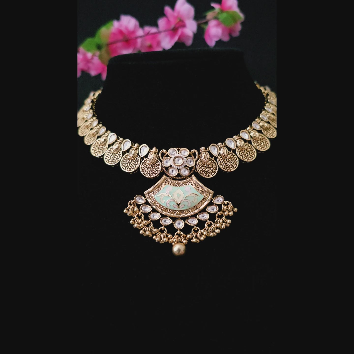 GGNEGO0082 - Gold Plated Kundan Necklace Set with Enamel